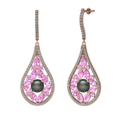 Siyah inci, pembe kuvars ve swarovski 14 ayar rose altın küpe