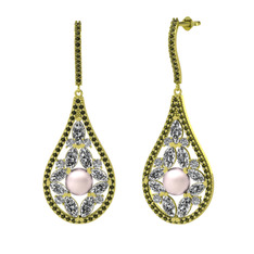 Pembe inci, swarovski ve peridot 8 ayar altın küpe