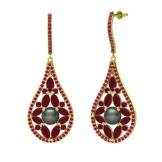 Apodemia İnci Küpe - Siyah inci, kök yakut ve rodolit garnet 14 ayar altın küpe #1vxjsod