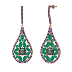 Apodemia İnci Küpe - Siyah inci, kök zümrüt ve ametist 14 ayar rose altın küpe #1vxluc