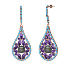 Apodemia İnci Küpe - Siyah inci, ametist ve akuamarin 18 ayar rose altın küpe #1w3kgxi