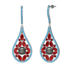 Apodemia İnci Küpe - Siyah inci, garnet ve akuamarin 14 ayar beyaz altın küpe #1wq737t