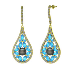 Apodemia İnci Küpe - Siyah inci, akuamarin ve beyaz zirkon 925 ayar altın kaplama gümüş küpe #1wzhl2w