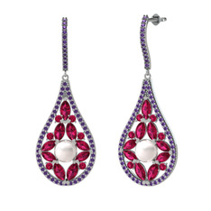 Inci, rodolit garnet ve ametist 14 ayar beyaz altın küpe