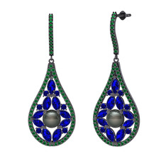 Apodemia İnci Küpe - Siyah inci, lab safir ve yeşil kuvars 925 ayar siyah rodyum kaplama gümüş küpe #1xyfc31