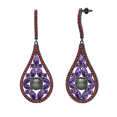 Apodemia İnci Küpe - Siyah inci, ametist ve garnet 925 ayar siyah rodyum kaplama gümüş küpe #1y4cupz