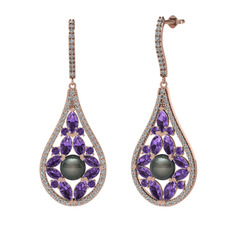 Apodemia İnci Küpe - Siyah inci, ametist ve beyaz zirkon 925 ayar rose altın kaplama gümüş küpe #1yo1anb