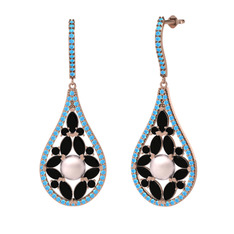 Apodemia İnci Küpe - Pembe inci, siyah zirkon ve akuamarin 8 ayar rose altın küpe #1ypocwb