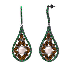 Apodemia İnci Küpe - Pembe inci, dumanlı kuvars ve yeşil kuvars 925 ayar siyah rodyum kaplama gümüş küpe #1yvelt4