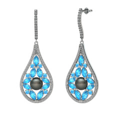 Apodemia İnci Küpe - Siyah inci, akuamarin ve beyaz zirkon 8 ayar beyaz altın küpe #1yz46ap