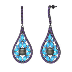 Apodemia İnci Küpe - Siyah inci, akuamarin ve ametist 925 ayar siyah rodyum kaplama gümüş küpe #264alp