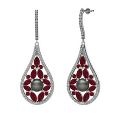 Apodemia İnci Küpe - Siyah inci, kök yakut ve swarovski 14 ayar beyaz altın küpe #27p5i0