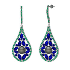 Apodemia İnci Küpe - Siyah inci, lab safir ve kök zümrüt 18 ayar beyaz altın küpe #2cdxgc