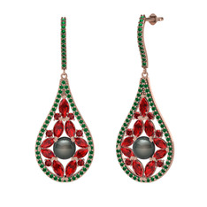 Apodemia İnci Küpe - Siyah inci, garnet ve yeşil kuvars 8 ayar rose altın küpe #2fh8po