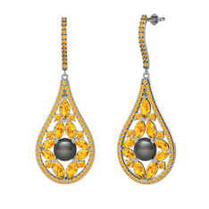 Apodemia İnci Küpe - Siyah inci ve sitrin 18 ayar beyaz altın küpe #2grlf3