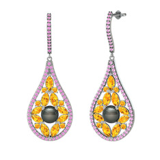 Apodemia İnci Küpe - Siyah inci, sitrin ve pembe kuvars 14 ayar beyaz altın küpe #369x0e