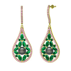 Apodemia İnci Küpe - Siyah inci, yeşil kuvars ve pembe kuvars 18 ayar altın küpe #38z32t