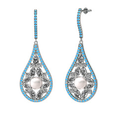 Inci, swarovski ve akuamarin 18 ayar beyaz altın küpe