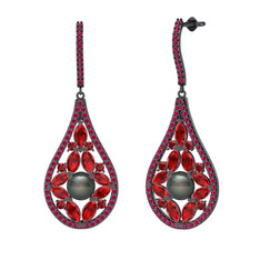 Apodemia İnci Küpe - Siyah inci, garnet ve rodolit garnet 925 ayar siyah rodyum kaplama gümüş küpe #3g9orl