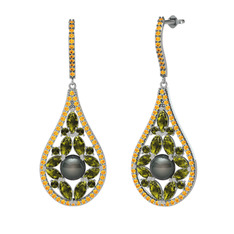 Apodemia İnci Küpe - Siyah inci, peridot ve sitrin 18 ayar beyaz altın küpe #3pk3fl