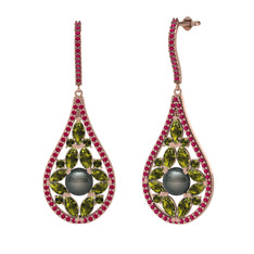 Siyah inci, peridot ve rodolit garnet 8 ayar rose altın küpe