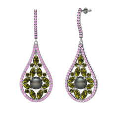 Apodemia İnci Küpe - Siyah inci, peridot ve pembe kuvars 14 ayar beyaz altın küpe #43u040