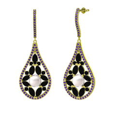 Inci, siyah zirkon ve ametist 18 ayar altın küpe