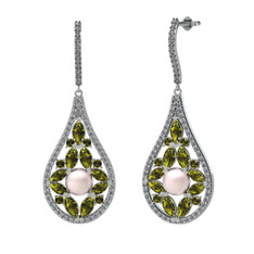 Pembe inci, peridot ve pırlanta 18 ayar beyaz altın küpe (1.11 karat)