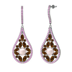 Pembe inci, dumanlı kuvars ve pembe kuvars 14 ayar beyaz altın küpe