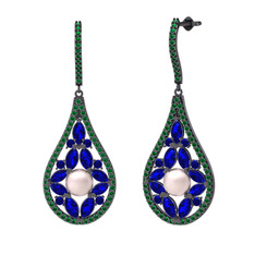 Apodemia İnci Küpe - Pembe inci, lab safir ve yeşil kuvars 925 ayar siyah rodyum kaplama gümüş küpe #5lx83w