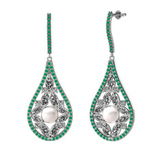 Inci, swarovski ve kök zümrüt 8 ayar beyaz altın küpe