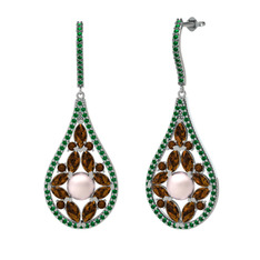 Pembe inci, dumanlı kuvars ve yeşil kuvars 8 ayar beyaz altın küpe