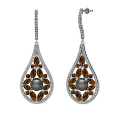 Siyah inci, dumanlı kuvars ve swarovski 18 ayar beyaz altın küpe