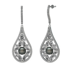 Siyah inci, beyaz zirkon ve swarovski 18 ayar beyaz altın küpe