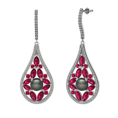 Siyah inci, rodolit garnet ve beyaz zirkon 18 ayar beyaz altın küpe