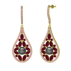 Apodemia İnci Küpe - Siyah inci, kök yakut ve pembe kuvars 14 ayar altın küpe #749mzc