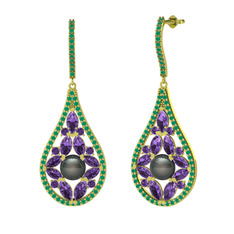 Apodemia İnci Küpe - Siyah inci, ametist ve kök zümrüt 8 ayar altın küpe #7c1pup