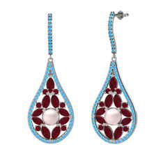 Apodemia İnci Küpe - Pembe inci, kök yakut ve akuamarin 18 ayar beyaz altın küpe #7lgvpj