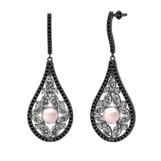 Apodemia İnci Küpe - Pembe inci, beyaz zirkon ve siyah zirkon 925 ayar siyah rodyum kaplama gümüş küpe #7numyy