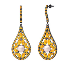 Apodemia İnci Küpe - Pembe inci ve sitrin 925 ayar siyah rodyum kaplama gümüş küpe #7rnwl4