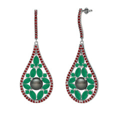 Apodemia İnci Küpe - Siyah inci, kök zümrüt ve garnet 14 ayar beyaz altın küpe #7s8y7a