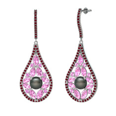 Siyah inci, pembe kuvars ve kök yakut 14 ayar beyaz altın küpe