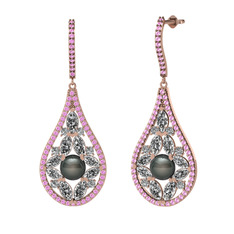 Siyah inci, swarovski ve pembe kuvars 925 ayar rose altın kaplama gümüş küpe