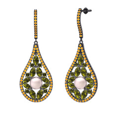 Apodemia İnci Küpe - Pembe inci, peridot ve sitrin 925 ayar siyah rodyum kaplama gümüş küpe #8eakty