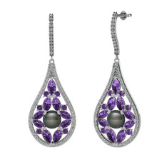 Siyah inci, ametist ve swarovski 18 ayar beyaz altın küpe