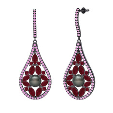 Apodemia İnci Küpe - Siyah inci, kök yakut ve pembe kuvars 925 ayar siyah rodyum kaplama gümüş küpe #8jjp1d