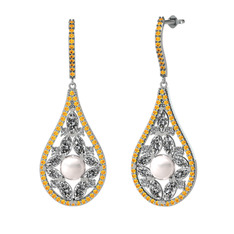 Apodemia İnci Küpe - Inci, beyaz zirkon ve sitrin 8 ayar beyaz altın küpe #8jjybc