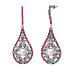 Pembe inci, swarovski ve rodolit garnet 8 ayar beyaz altın küpe