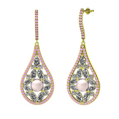 Apodemia İnci Küpe - Pembe inci, swarovski ve pembe kuvars 14 ayar altın küpe #9hasyp