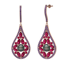 Apodemia İnci Küpe - Siyah inci, rodolit garnet ve ametist 925 ayar rose altın kaplama gümüş küpe #9kow5s